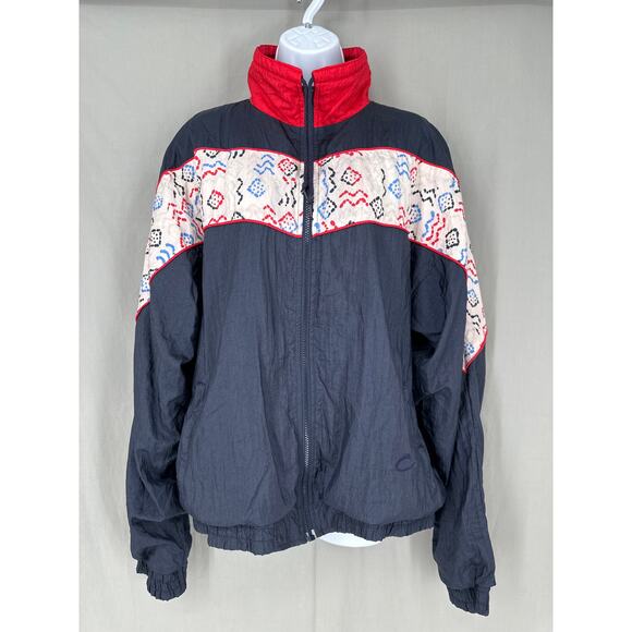 Vintage Jackets & Blazers - 90s Vintage Jacket Womens Large Navy Blue Windbreaker Red Full Zip Retro Funnel